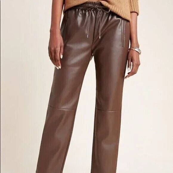 Anthropologie Cocoa Brown Sakura Vegan Faux Leather Jogger Pants Pull On Small - Picture 2 of 8